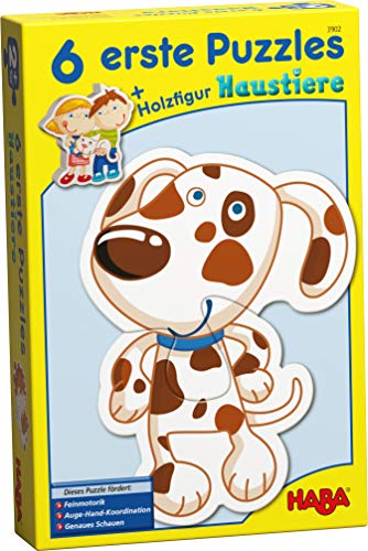 Haba 3902 - 6 Erste Puzzles, Haustiere, Puzzle mit 6 niedlichen Tiermotiven für Kinder ab 2 Jahren, mit Holzfigur zum freien Spiel von HABA