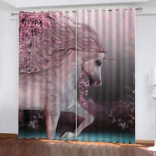HABEAT 3D Pferd Gardinen Abdunkelnde Kirschblüten Kindervorhänge Vorhang mit ösen 2er Set Vorhänge Blickdicht Verdunkelungs für Kinderzimmer Schlafzimmer Wohnzimmer B 140 X H 160 cm（Stil 8-3） von HABEAT