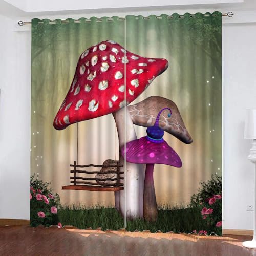 HABEAT 3D Pilz Gardinen Abdunkelnde Pilz Kinder vorhänge Vorhang mit ösen 2er Set Vorhänge Blickdicht Verdunkelungs für Kinderzimmer Schlafzimmer Wohnzimmer B 200 X H 160 cm（Stil 11-2） von HABEAT
