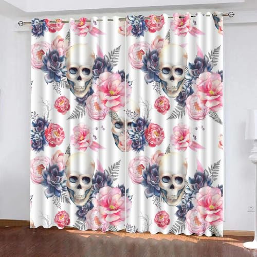 HABEAT 3D Totenköpfe Vorhänge Abdunkelnde Blumen Kindervorhänge Vorhang mit ösen 2er Set Gardinen Blickdicht Verdunkelungs für Kinderzimmer Schlafzimmer Wohnzimmer B 110 X H 95 cm（Stil 2-5） von HABEAT