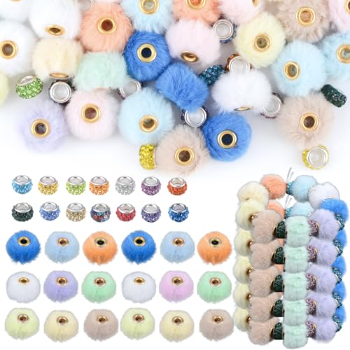HACRAHO Plüschkugelperlen, 150 Stück, gemischte Farben, flauschige Kunstfell-Pompons, Perlen mit 50 Strass-Perlen für DIY-Armbänder, Schlüsselanhänger, Stifte, Zubehör von HACRAHO
