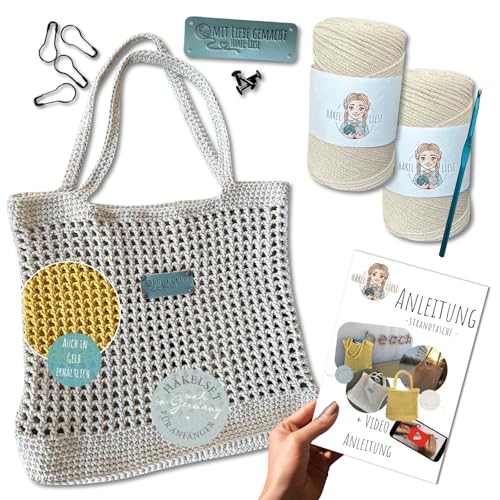 HÄKEL LIESE Häkelset Für Anfänger - Strandtasche Damen, Wolle Zum Häkeln, Häkelnadel Set, Netztasche Sandspielzeug, Aesthetic Stuff Clean Girl, DIY Set Erwachsene, Baumwolltasche von HÄKEL LIESE