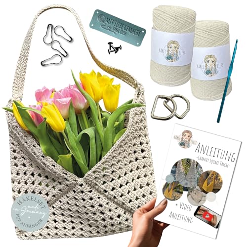 HÄKEL LIESE Häkelset für Anfänger - Tasche Granny Square, Häkel Set, Crochet, Häckel Kit für Anfänger, häkeln lernen, Wolle zum Häkeln, Taschen häkeln, Granny Squares von HÄKEL LIESE