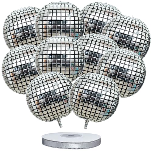 Discokugel-Dekorationen, 55,9 cm, Disco-Ballons, 4D, silberfarben, Discokugel, 80er-Jahre, Disco-Party-Dekoration, Luftballons, inklusive einer Rolle silbernem Band, 10 Stück Discokugel-Dekorationen, 55,9 cm, Disco-Ballons, 4D, silberfarben, Discokugel, 80er-Jahre, Disco-Party-Dekoration, Luftballons, inklusive einer Rolle silbernem Band, 10 Stück von HAFRILY