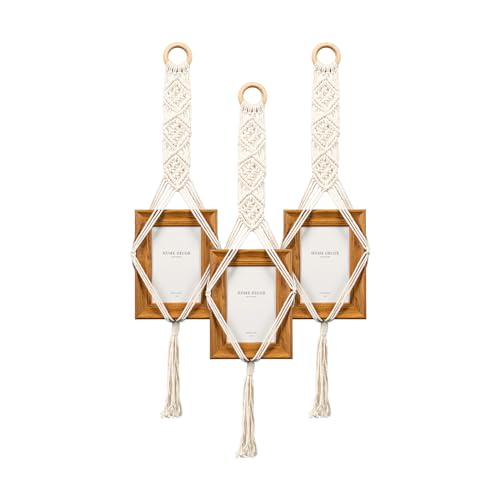 HAGEFOL® 3er-Set Holz Optik Bilderrahmen, mit handmade Makramee Aufhänger passend für Bilder 10x15cm, Collage, Fotowand, Bilderwand, Boho Deko, Makramee Wandbehang, Macrame Wandhänger von HAGEFOL