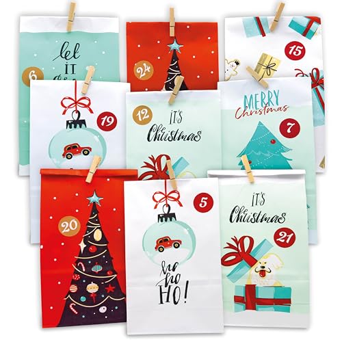 HAGEFOL® Adventskalender zum Befüllen, Extra Groß und Blickdicht, 24 Tüten+1, 24 Zahlen Kleber, 24+1 Holzklammern, Papiertüten selber befüllen, für Kinder, Weihnachtskalender 2024, 27,5cm x 15cm x 8cm von HAGEFOL