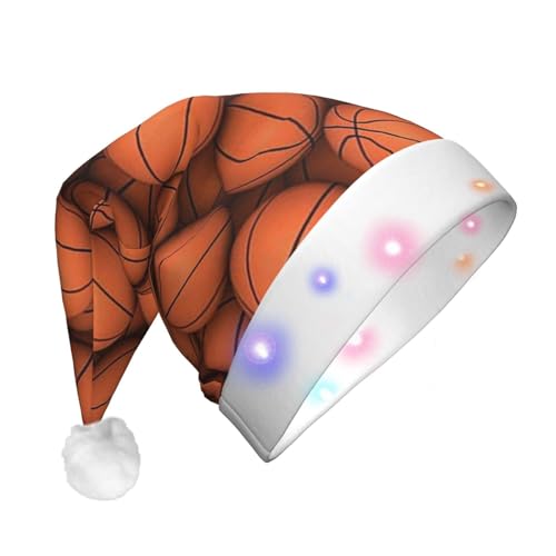 Weihnachtsmütze mit Basketball-Motiv, bedruckt, lustig, beleuchtet, mit LED, Erwachsene, Plüsch-Weihnachtsmütze für Damen und Herren, Orange von HAICOM