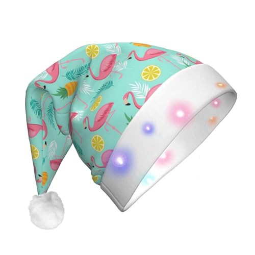 Weihnachtsmütze mit Flamingo-Druck, lustig, beleuchtet, mit LED, Erwachsene, Plüsch-Weihnachtsmütze für Damen und Herren von HAICOM