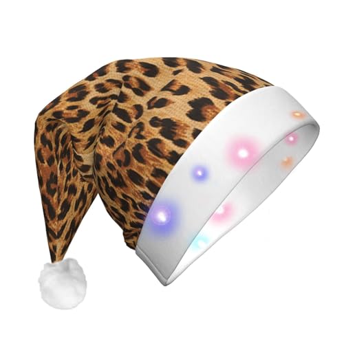 Weihnachtsmütze mit Leopardenmuster, lustige, leuchtende Weihnachtsmütze mit LED, für Erwachsene, Plüsch-Weihnachtsmütze für Damen und Herren von HAICOM