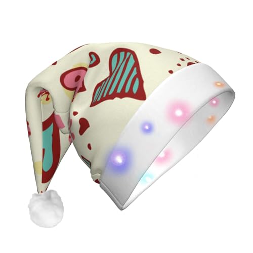 Weihnachtsmütze mit buntem Herzmuster, lustige leuchtende Weihnachtsmütze mit LED, Erwachsene, Plüsch-Weihnachtsmütze für Damen und Herren von HAICOM