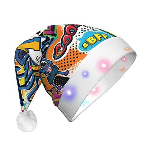 Weihnachtsmütze mit buntem Muster, bedruckt, lustig, beleuchtet, mit LED, für Erwachsene, Plüsch-Weihnachtsmütze für Damen und Herren von HAICOM