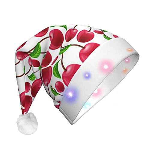 Weihnachtsmütze mit roten Kirschen, lustig, beleuchtet, mit LED, für Erwachsene, Plüsch-Weihnachtsmütze für Damen und Herren von HAICOM
