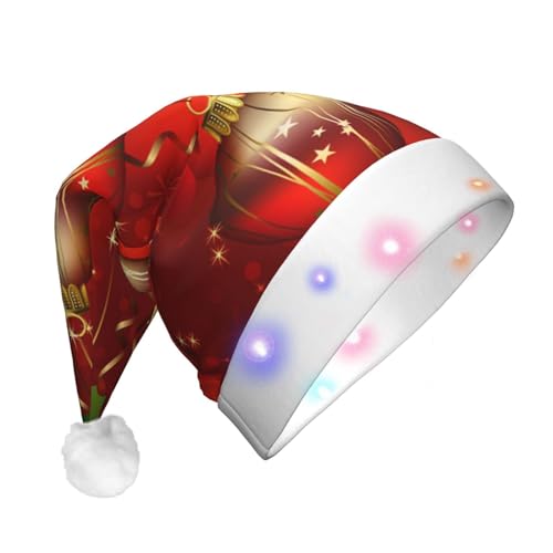 Weihnachtsmütze mit roter Laterne, bedruckt, lustig, beleuchtet, mit LED, für Erwachsene, Plüsch-Weihnachtsmütze für Damen und Herren von HAICOM