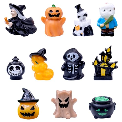 11 Stück Halloween Deko Miniatur Figuren - Harz Ornamente Klein Kürbis Geist Hexen Grabstein - Mini Figuren für Tisch Party Deko Horror Dorf Garten Bonsai Outdoor Puppenhaus von HAILUII