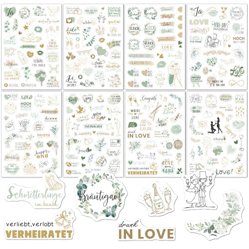 Sticker Hochzeit Gästebuch, 8 Blatt Perfektes Sticker Set für Fotoalbum Hochzeit, Aufkleber für Fotoalbum oder Gästebuch, Hochzeitssticker für Bullet Journal, Wedding Scrapbook Deko(Grün Stil) von HAINLOGWANG