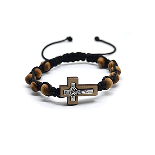 Für Kreuz Kiefer Perlen Weben Knoten Rosenkranz ​Benedic Verstellbare Seilkette Geeignet für die meisten Erwachsenen Holzperlen Armbänder Frauen Beige von HAISENG