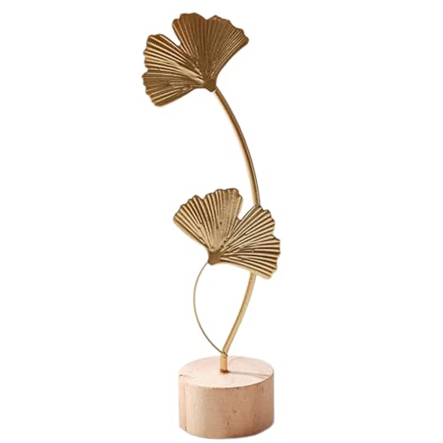 HAISENG Goldene Gingko-Blatt-Statue, Metallskulptur, Eisenblätter, Blumenfigur mit Holzsockel, Büro-Desktop-Dekoration, Ornament, Eisenblatt, Tischdekorationen von HAISENG