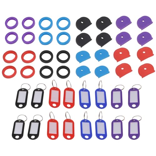 HAJXZH Schlüsseletiketten-Set, farbige Schlüssel-Identifikations-Etiketten, Kunststoff, Schlüssel-ID-Ring-Abdeckungen für Schlüsselorganisation, Rot, Blau, Schwarz, Violett, 48-teilig von HAJXZH