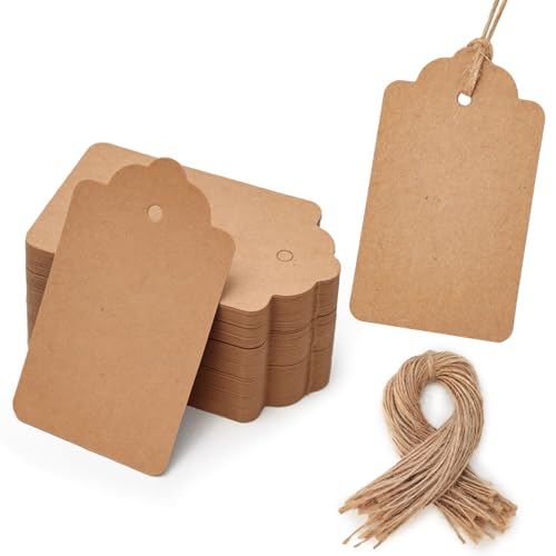 HAKACC 100 Stück Geschenkanhänger & Etiketten, Kraftpapier Blanko 4x7cm, Naturjuteschnur, Ideal für Geschenkverpackung, Hochzeitsdekoration & DIY-Projekte von HAKACC