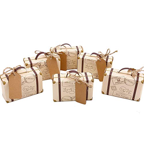 HAKACC Mini-Koffer-Geschenkbox, Partyzubehör, Süßigkeiten-Box, Vintage-Kraftpapier mit Etiketten und Jute-Schnur für Hochzeit, Reisen, Motto-Party, Brautparty, Dekoration, 50 Stück von HAKACC