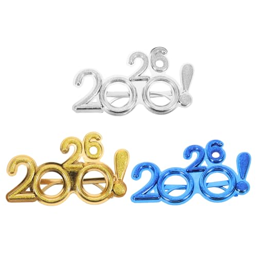 HAKIDZEL 3 Stück Glitzer-Brille „Frohes Neues Jahr 2026“, Silvester-Brille, Foto-Requisiten für Feiertagsparty-Zubehör, 2026 Party-Foto-Requisiten von HAKIDZEL