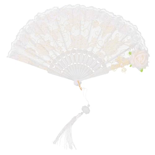HAKIDZEL Vintage Spitzen-fächer Handfächer mit Rosen-dekor Tragbarer Spitzen-handfächer für Tee-party Hochzeit Cosplay und Tanzaufführung Eleganter Weißer Spitzenfächer als Fotorequisite von HAKIDZEL
