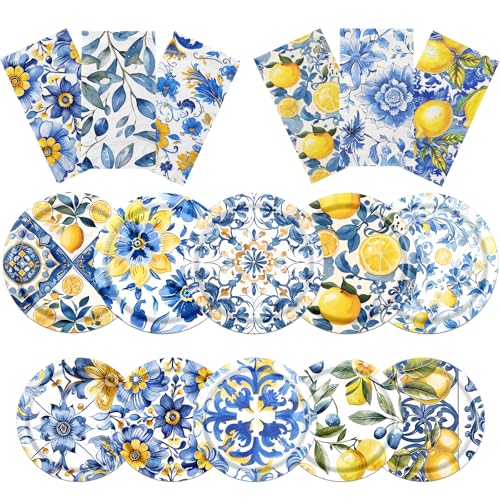 HAKOTI Capri Zitronen-Partydekorationen, Geschirr, 60 Stück, Amalfiküste, Party-Dekorationen mit Zitronenteller und Zitronen-Servietten, blaue Fliesen, mediterrane Party-Dekoration für Sommerpartys von HAKOTI