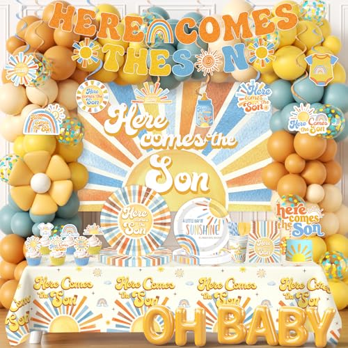 Here Comes The Son-Babyparty-Dekor – Boho-Sonne Babyparty-Geschirr mit Ballonbogen, Kuchendekoration, Banner-Dekorationen für Jungen, Retro, Boho-Sonne, You are My Sunshine Partyzubehör von HAKOTI