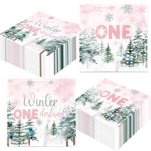 Winter Onederland Servietten zum 1. Geburtstag, Mädchen, 40 Stück, rosa Schneeflocke, Winter-Wunderland-Dekorationen für Babyparty von HAKOTI