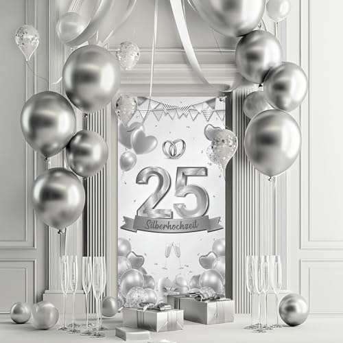 HAKOTOM Silberhochzeit Türabdeckung 25. Hochzeitstag Banner 180x90cm 25. Jubiläum Hochzeitsdeko Hochzeitsbanner Silber Hochzeit Hintergrund 25 Jahrestag Deko für Männer Frauen 25 Jahrestag Hochzeit von HAKOTOM