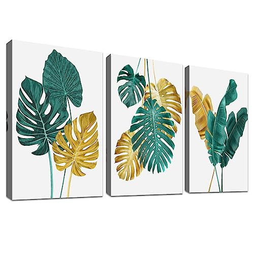 3 Panels Mit Rahmen Grüne goldene Blätter Leinwand Bilder Tropische Monstera Palmblätter Leinwand Malerei Wandbilder Schlafzimmer Wanddekoration Wohnzimmer Bereit zum Aufhängen 120x60cm (16"x24"x3pcs) von HALFLEMART