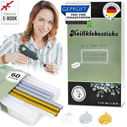 Heißklebesticks 60 Stück Ø7mm Länge: 200mm - 50x transparent durchsichtig + EXTRA gold silber GLITZER-Heißkleber Hot melt, Heißklebestifte für handelsübliche Heißklebepistole PLUS E-BOOK Heißklebesticks 60 Stück Ø7mm Länge: 200mm - 50x transparent durchsichtig + EXTRA gold silber GLITZER-Heißkleber Hot melt, Heißklebestifte für handelsübliche Heißklebepistole PLUS E-BOOK von HALTMEISTER