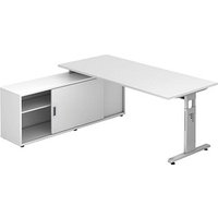 HAMMERBACHER höhenverstellbarer Schreibtisch weiß rechteckig, T-Fuß-Gestell weiß 180,0 x 80,0 cm von HAMMERBACHER