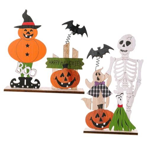 HAMPPLIES 2 Stück Halloween Holz Tischdeko mit Federskelett und Kürbis Stabile Holzornamente für Halloween Party Vielseitige Tischdekoration für Zuhause Hotel Einkaufszentrum von HAMPPLIES