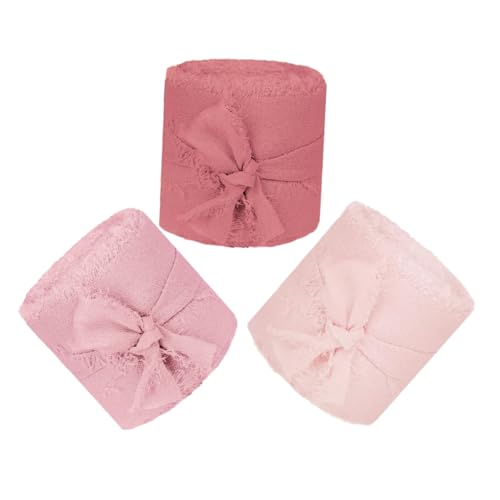 HAMPPLIES 3 Rollen Chiffonband mit Fransen Breit À Rosa Schleifenband für Blumensträuße Geschenkverpackung Hochzeitseinladungen DIY Dekorationen Brautstrauß Basteln von HAMPPLIES