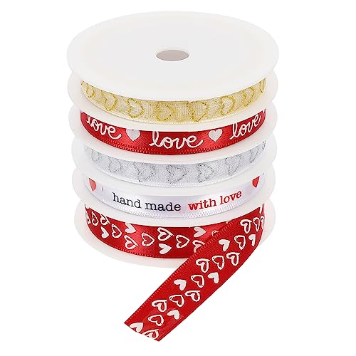 HAMPPLIES 5 Rollen Geschenkband mit Herz und Buchstabenmuster Farblich Gemischte Valentinstagsbänder Bedruckte Geschenkverpackungsbänder für Hochzeit Partydekoration und DIY Bastelarbeiten von HAMPPLIES