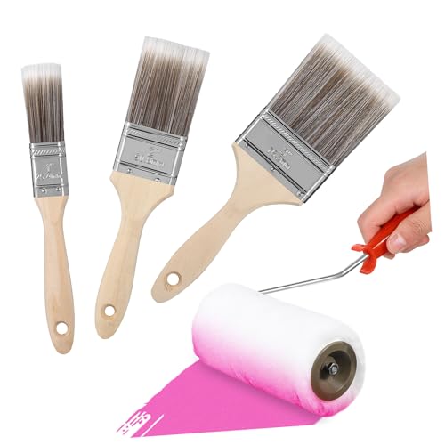 HAMPPLIES Malerset Holzgriff Pinsel Flachpinsel mit Farbroller für Präzises Auftragen von Lack Epoxidharz Lasur und Wandfarbe Leicht und Gleichmäßig Streichend für Heimwerker von HAMPPLIES