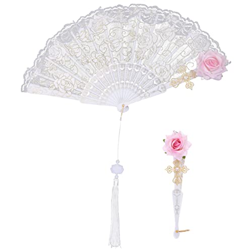 HAMPPLIES Spitzenfächer Eleganter Faltbarer Fächer Hand Rose Spitze Faltfächer Handfächer Faltbarer Handfächer Spitze Handfächer Hochzeit Faltfächer Faltbarer Handfächer Dekorativer von HAMPPLIES