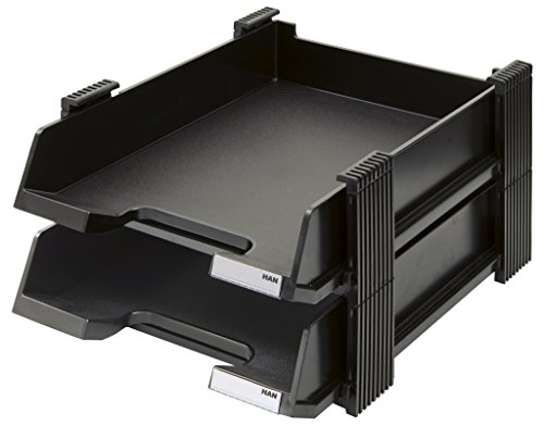 HAN Briefablagen Set DUETT, ausziehbare Dokumentenablage im stabilen Stapelgestell, Ablage für Dokumente bis Format DIN A4/C4, schwarz, 10320-13 von HAN
