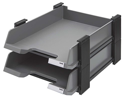 HAN Briefablagen Set DUETT, ausziehbare Dokumentenablage im stabilen Stapelgestell, Ablage für Dokumente bis Format DIN A4/C4 geeignet, 10320-191, dunkelgrau-schwarz von HAN