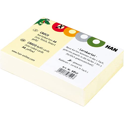 HAN Karteikarten CROCO – 1 PACK à 100 STÜCK, Karteikarten A8 quer, farbig bedruckter, stabiler, gelber Karton mit vier bunten Kreisen zum Ankreuzen, Farbe gelb, 9812 von HAN