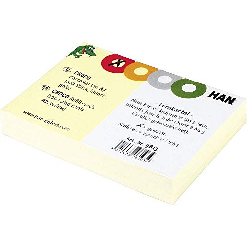 HAN Karteikarten für CROCO DIN A7 quer, Stabiler Karteikarton, liniert, gelb, 3 Stück von HAN