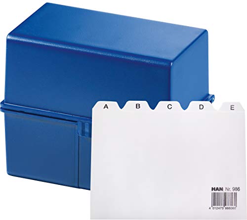 HAN Karteikartenbox DIN A6 für 400 Karteikarten im Querformat/Aufbewahrungsbox aus Plastik mit Deckel & Stahlscharnier/für Schule & Büro (Blau + Register A-Z) von HAN