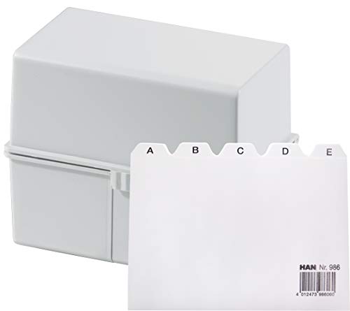 HAN Karteikartenbox DIN A6 für 400 Karteikarten im Querformat/Aufbewahrungsbox aus Plastik mit Deckel & Stahlscharnier/für Schule & Büro (Lichtgrau + Register A-Z) von HAN