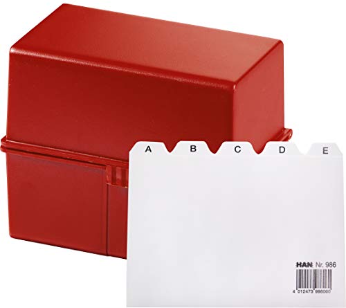 HAN Karteikartenbox DIN A6 für 400 Karteikarten im Querformat/Aufbewahrungsbox aus Plastik mit Deckel & Stahlscharnier/für Schule & Büro (Rot + Register A-Z) von HAN