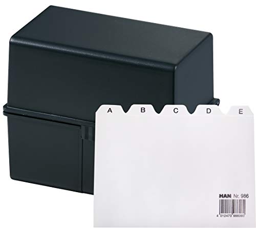 HAN Karteikartenbox DIN A6 für 400 Karteikarten im Querformat/Aufbewahrungsbox aus Plastik mit Deckel & Stahlscharnier/für Schule & Büro (Schwarz + Register A-Z) von HAN