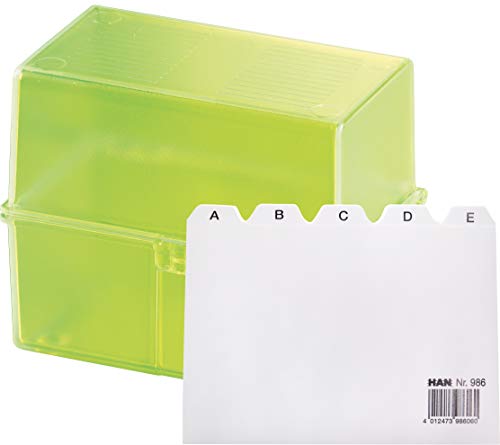 HAN Karteikartenbox DIN A6 für 400 Karteikarten im Querformat/Aufbewahrungsbox aus Plastik mit Deckel & Stahlscharnier/für Schule & Büro (Signal-grün + Register A-Z) von HAN