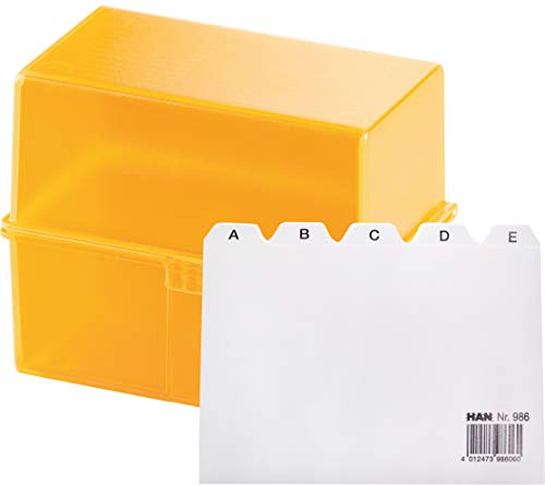 HAN Karteikartenbox DIN A6 für 400 Karteikarten im Querformat/Aufbewahrungsbox aus Plastik mit Deckel & Stahlscharnier/für Schule & Büro (Signal-orange + Register A-Z) von HAN