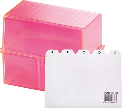 HAN Karteikartenbox DIN A6 für 400 Karteikarten im Querformat/Aufbewahrungsbox aus Plastik mit Deckel & Stahlscharnier/für Schule & Büro (Signal-pink + Register A-Z) von HAN