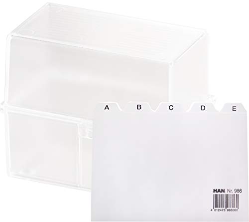 HAN Karteikartenbox DIN A6 für 400 Karteikarten im Querformat/Aufbewahrungsbox aus Plastik mit Deckel & Stahlscharnier/für Schule & Büro (Transluzent-klar + Register A-Z) von HAN